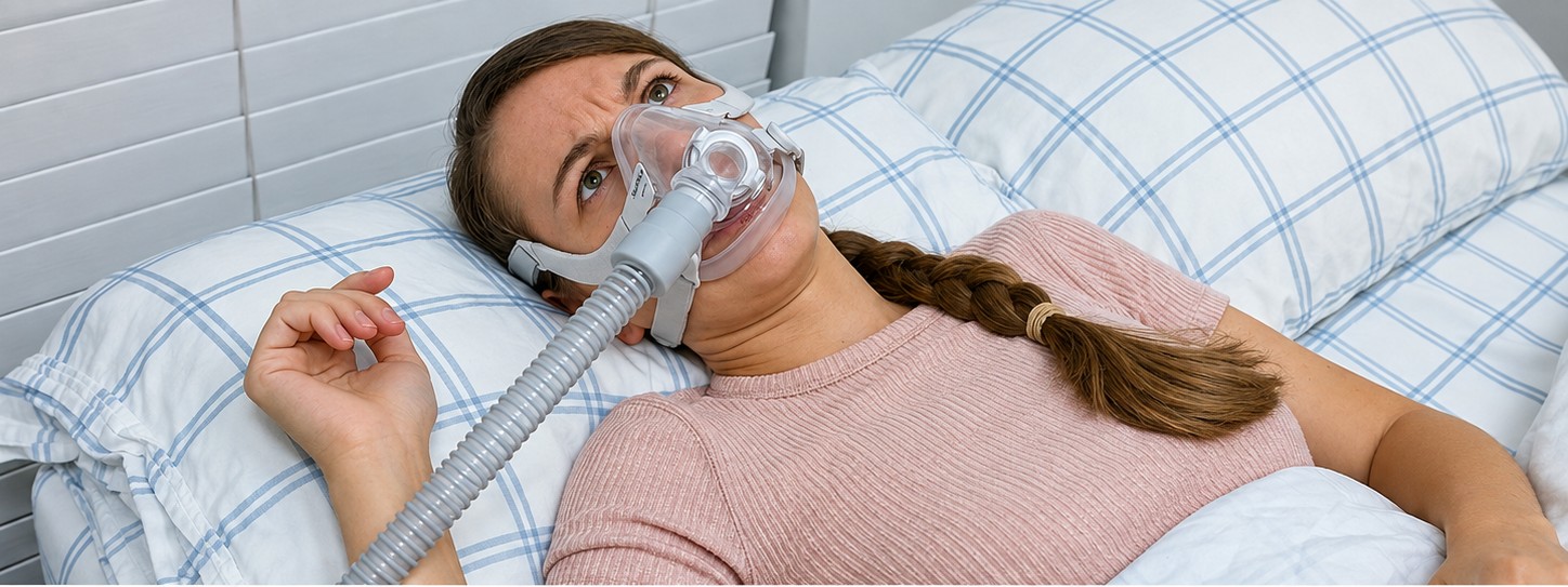 Patient lying awake wearing a sealed CPAP mask, headgear and hose