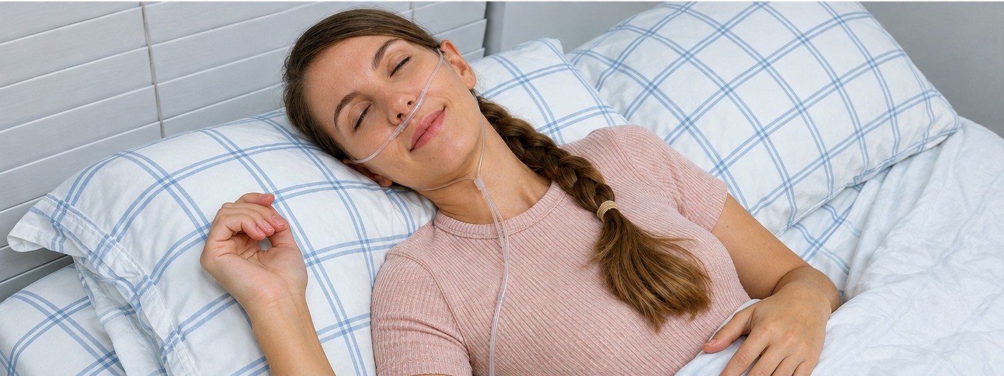 Patient sleeping comfortably with a soft nasal cannula during POxT therapy